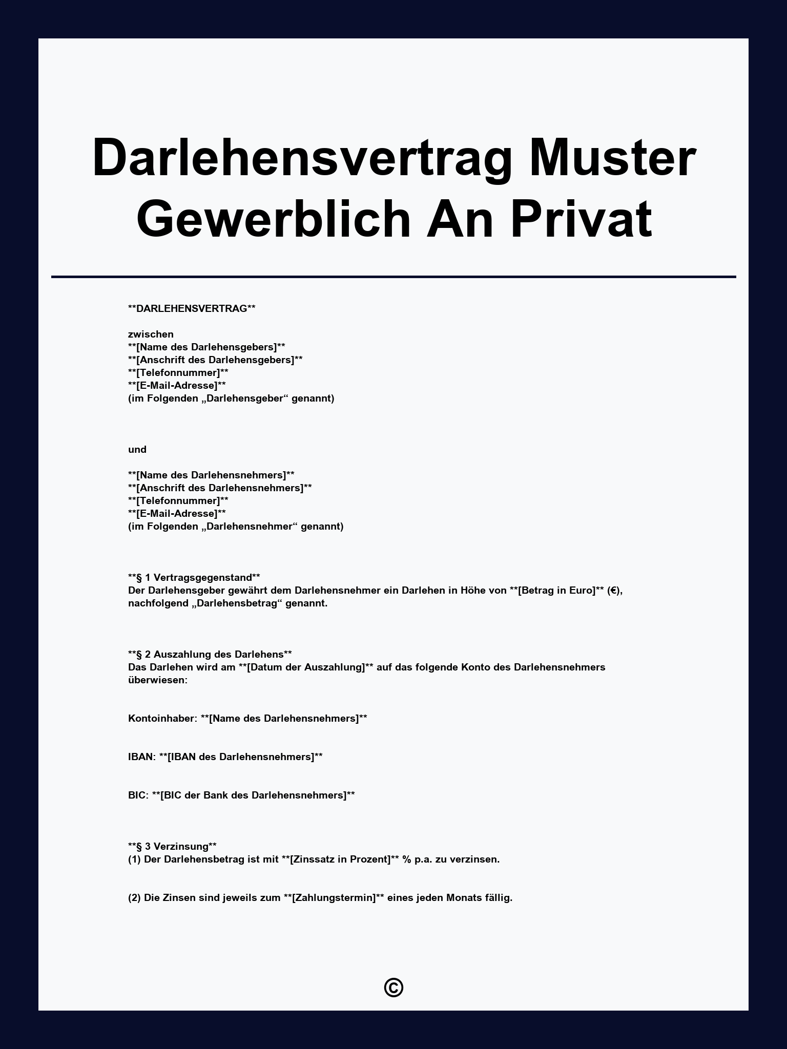 Darlehensvertrag Muster Gewerblich An Privat