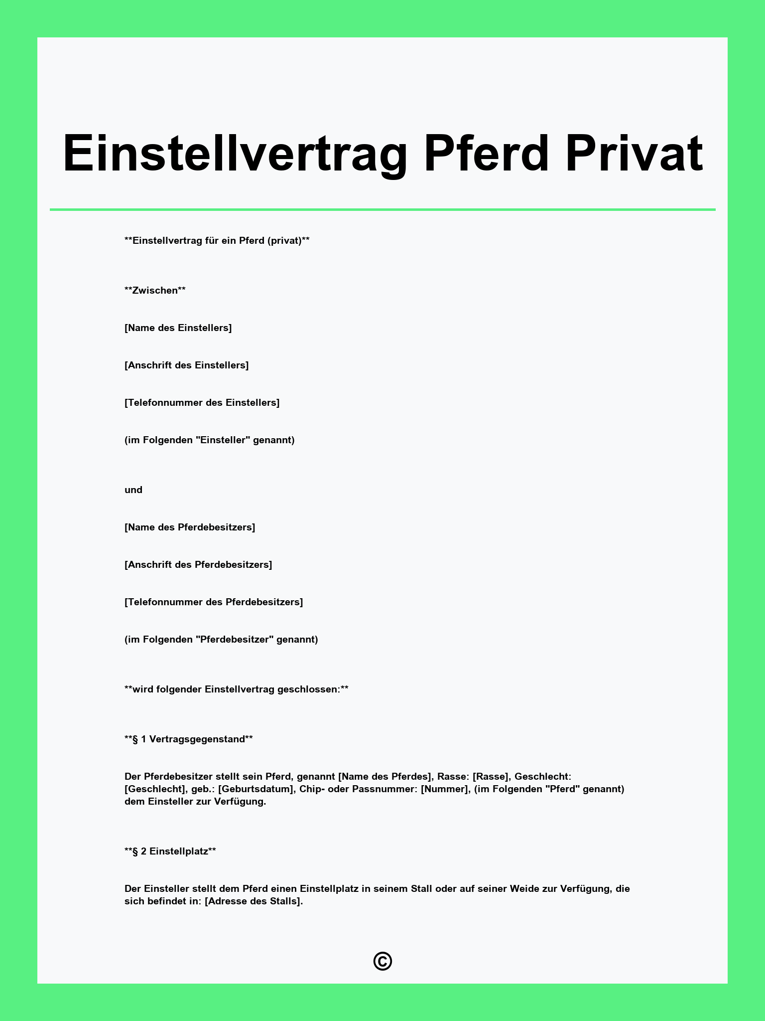Einstellvertrag Pferd Privat