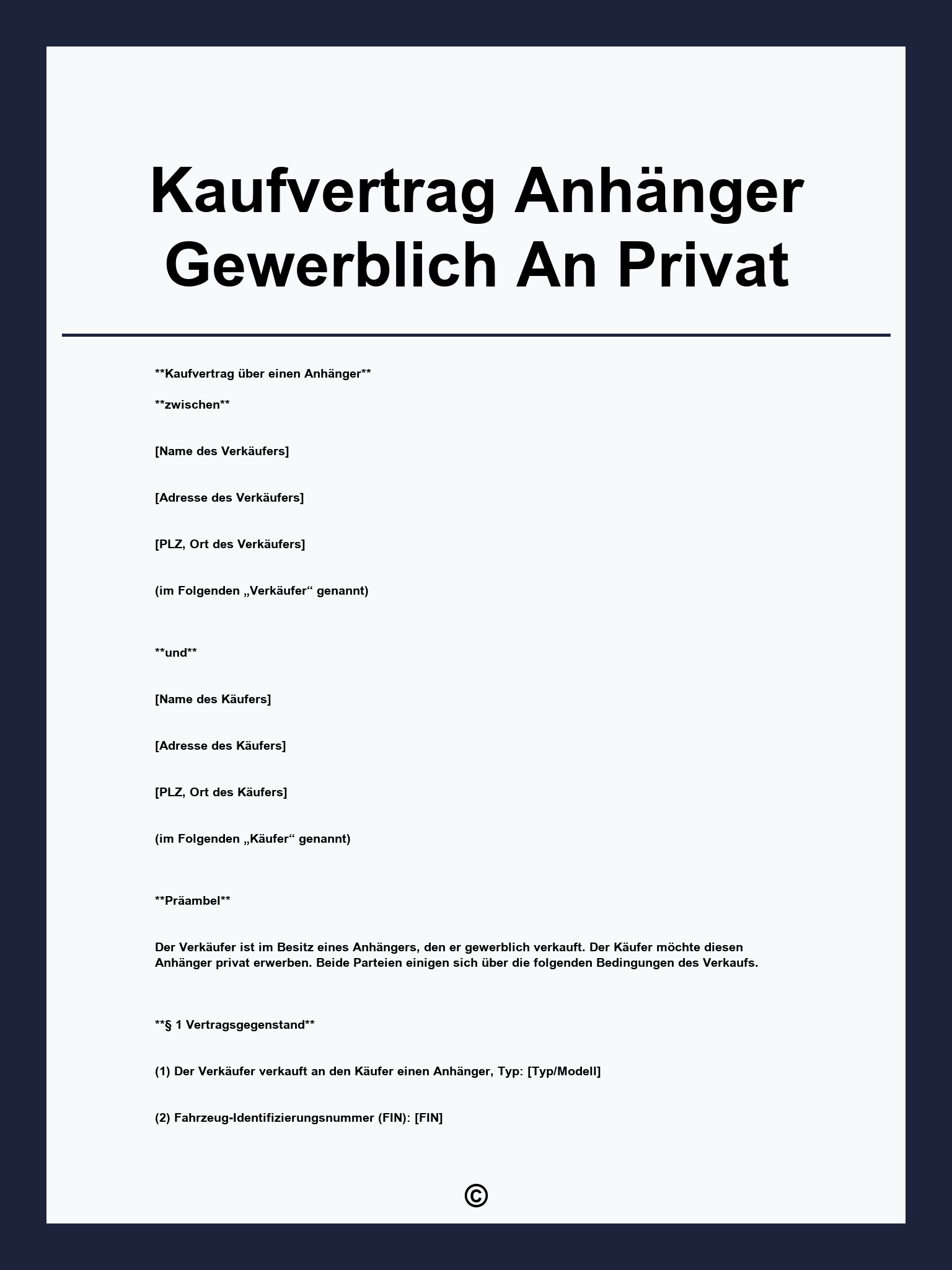 Kaufvertrag Anhänger Gewerblich An Privat