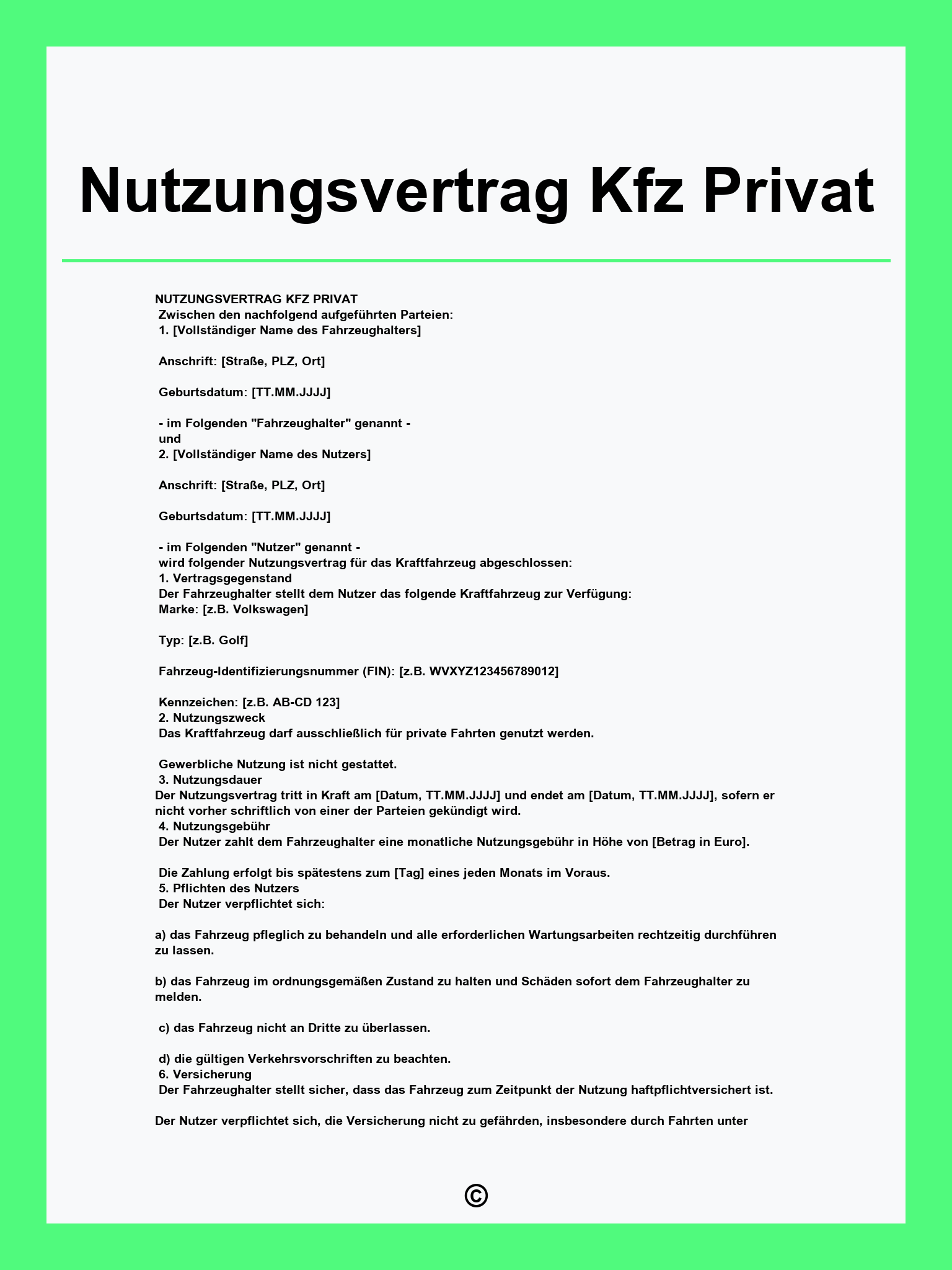 Nutzungsvertrag Kfz Privat