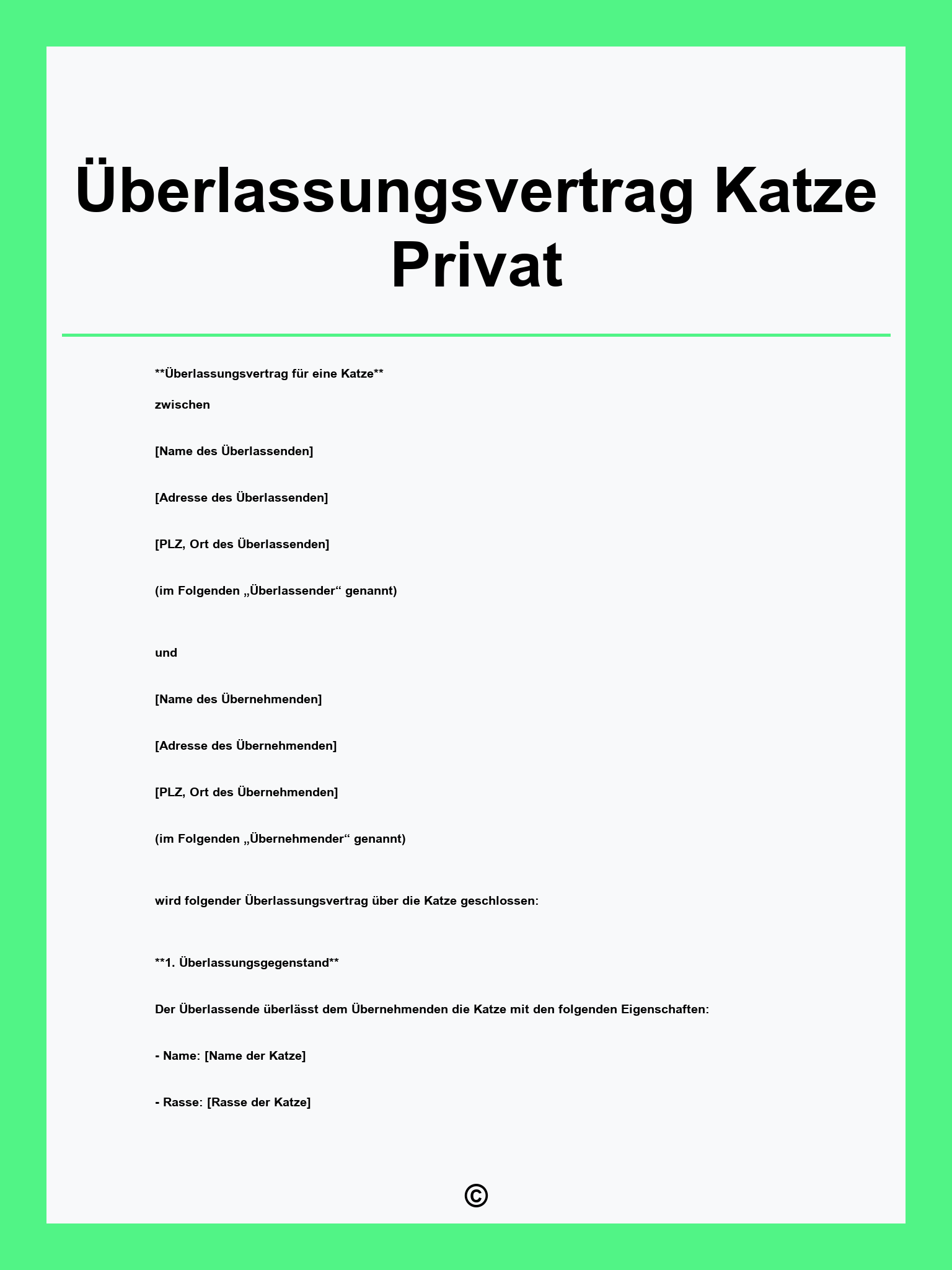 Überlassungsvertrag Katze Privat