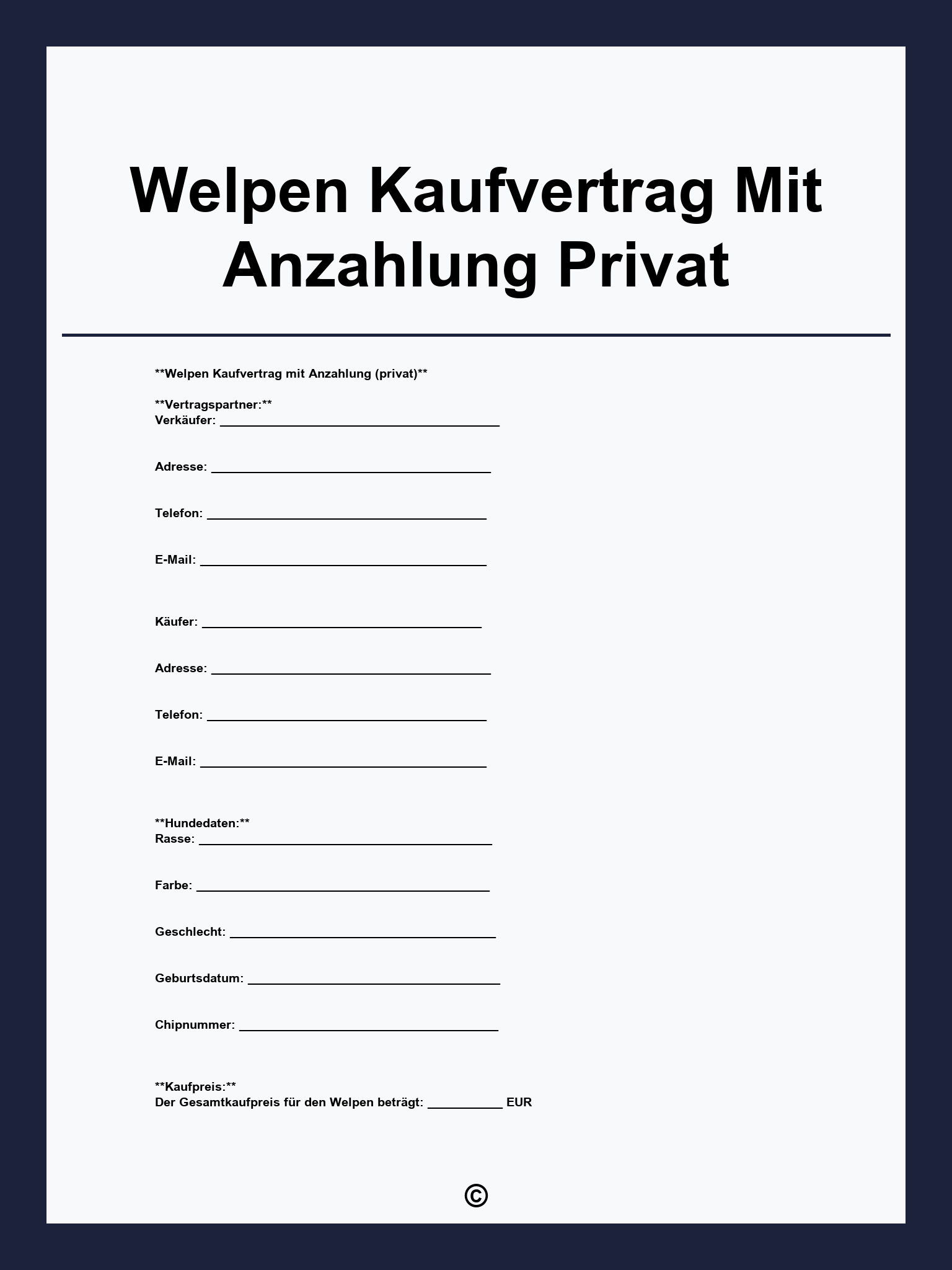 Welpen Kaufvertrag Mit Anzahlung Privat